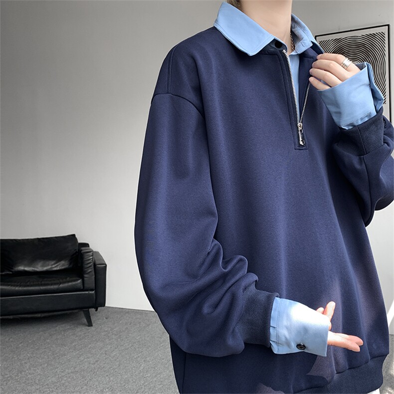 新款假两件条纹拉链衬衫领休闲春款卫衣高街休闲学院卫衣特P50,男装卫衣,电商B319