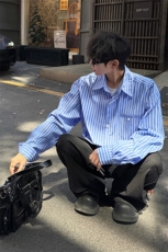 新款学院风男女同款慵懒蓝条纹成宿衬衫外套休闲宽松衬衫打底P40，男装衬衫，电商B319
