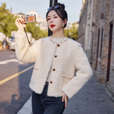 2024秋冬新款环保皮毛短款小香风钉珠加厚皮毛一体外套，女装羊羔毛/颗粒绒，瑶迪