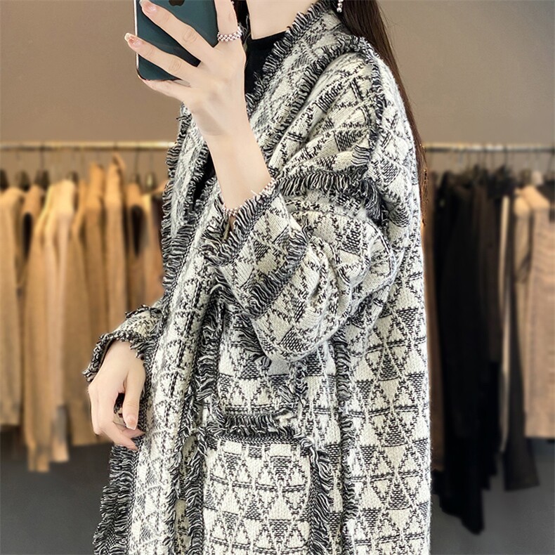 中长款羊毛开衫女加厚拼色流苏宽松外搭毛衣慵懒风羊绒外套，商品下架区商品下架区，胜智羊绒