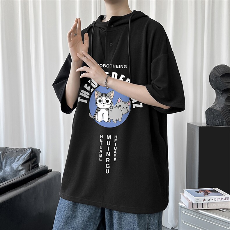 LD54160-P45连帽短袖t恤男大码胖子带帽五分袖中袖,男装T恤,电商A040