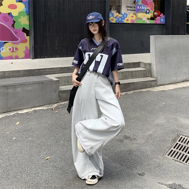 弯刀裤男女美式复古做旧牛仔裤夏季高腰阔腿宽松拖地裤YD9006-P60,男装牛仔裤,星座509