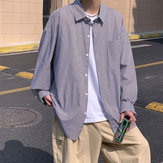长袖男夏季港风潮流条纹宽松休闲外套潮牌百搭帅气衬衣W1090-P33，男装衬衫，星座512-4
