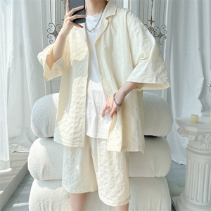 TZ52932/P65西服领短袖衬衣裤子套装男潮夏季肌理感西装领两件套图片