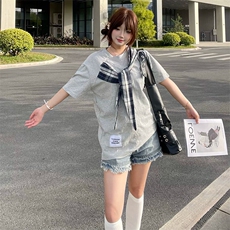 拼接格子布装饰高品质260克双纱纯棉美式高街短袖T恤特P35，男装T恤，电商A486