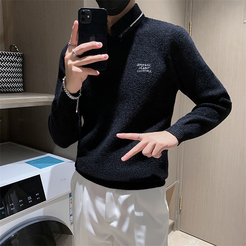店主风小伙秋冬男修身衬衫领假二件针织毛衣301A-1/M66/P75控95，男装针织衫/毛衣，星座301A-1