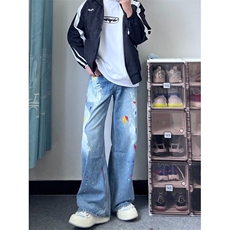 DB26-P55美式涂鸦牛仔裤男女直筒宽松阔腿休闲拖地长裤-网图现货，男装牛仔裤，星座603-2