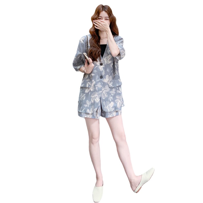 水墨印花西装套装女2025年夏季新款法式高级感休闲阔腿短裤两件套,女装套装/套裙,2C375