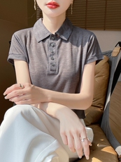 衬衫领短袖简约百搭宽松套头上衣，女装针织衫/毛衣，绒宛羊绒