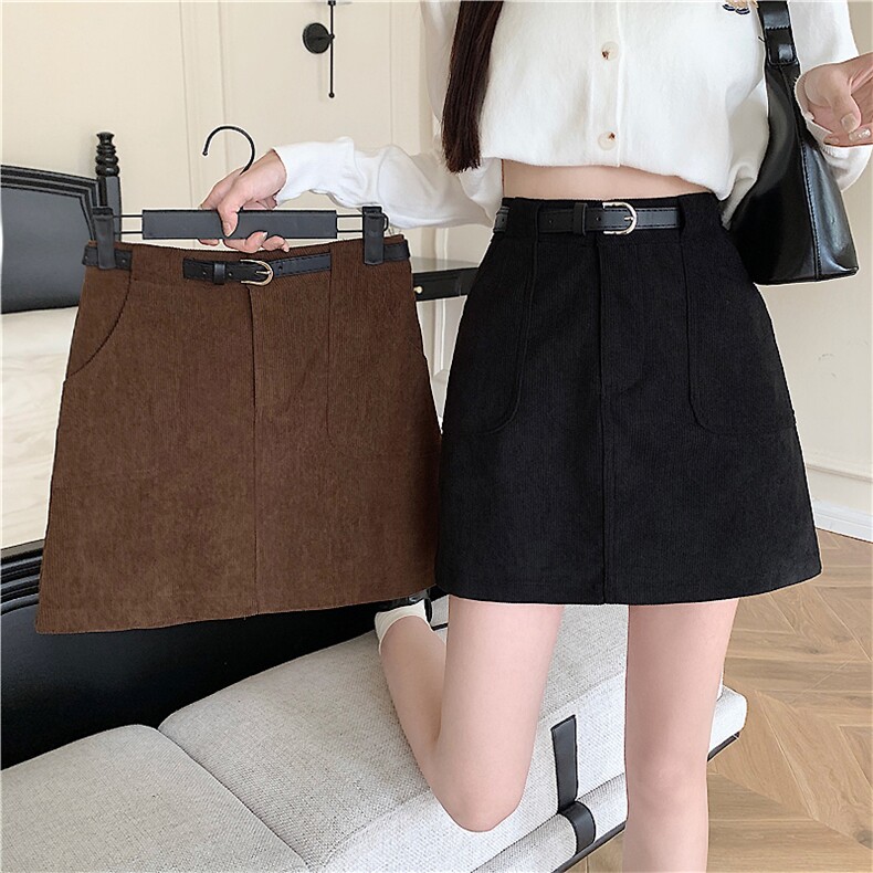 秋冬咖色半身裙女灯芯绒短裙小个子棕色包臀裙高腰新款A字裙，女装半身裙，梦白服饰厂