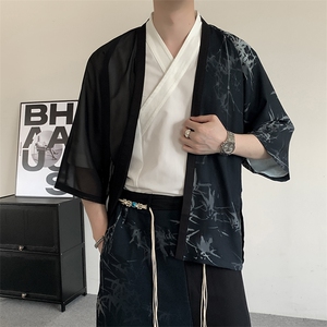 24夏装明制风新中式竹子印花汉服元素衬衫开衫和服道袍拼接上衣图片