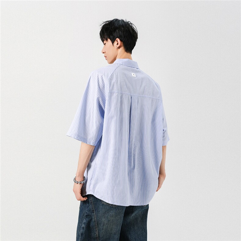 美式条纹冰丝短袖衬衫男款夏季宽松情侣翻领半袖衬衣休闲复古外套,男装衬衫,星座1004（原星座815-3）