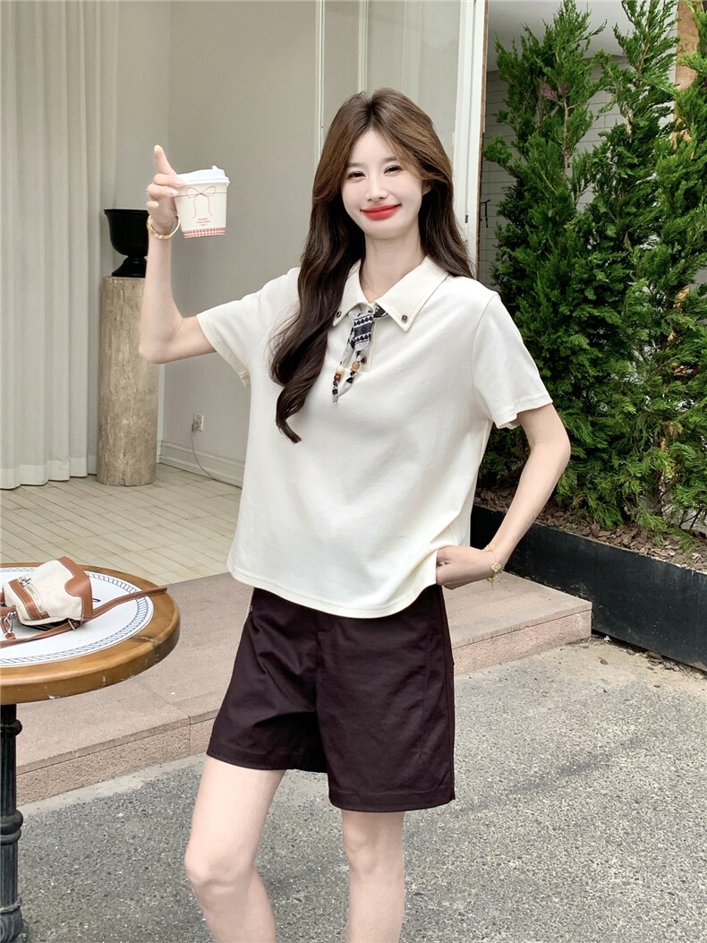 2026新款气质学院风撞色丝巾短袖衬衫套装女夏日2026新款两件套,女装套装/套裙,艾米莉亚
