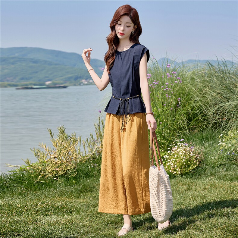 【棉麻】气质通勤~夏圆领无袖小衫上衣+高腰阔腿裤撞色两件套/2色，女装套装/套裙，依路服饰