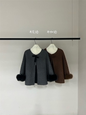 皮草狐狸毛斗篷优雅复古格纹慵懒风披肩羊毛外套(配可拆，女装双面呢大衣，依嘟服饰