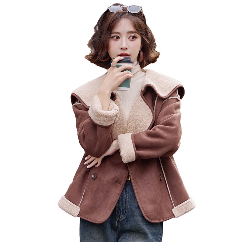 大翻领皮毛一体羊羔毛大衣女2025冬季新款小个子宽松麂皮绒短外套,女装短外套,慧尚依恋