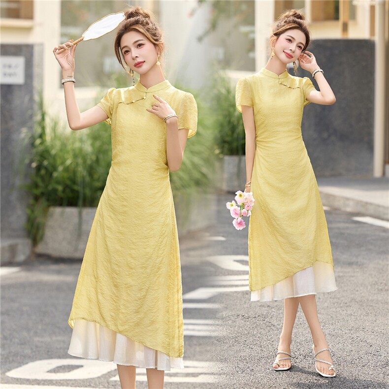 新中式国风连衣裙女2025夏季新款气质修身显瘦少女洋气改良旗袍裙，女装连衣裙，布芭啦