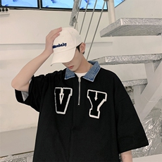 2022美式复古刺绣t恤小众男潮牌半拉链牛仔领情侣短袖T970-P35，男装Polo衫，星座512-2