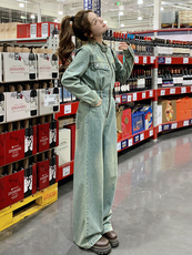 （新款现货）2026春装时尚休闲复古色立领拉链工装阔腿牛仔连体裤，女装连体裤，印象茜