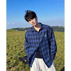网图现货深蓝色格子长袖翻领衬衫CS380特P35，男装衬衫，星座205-3