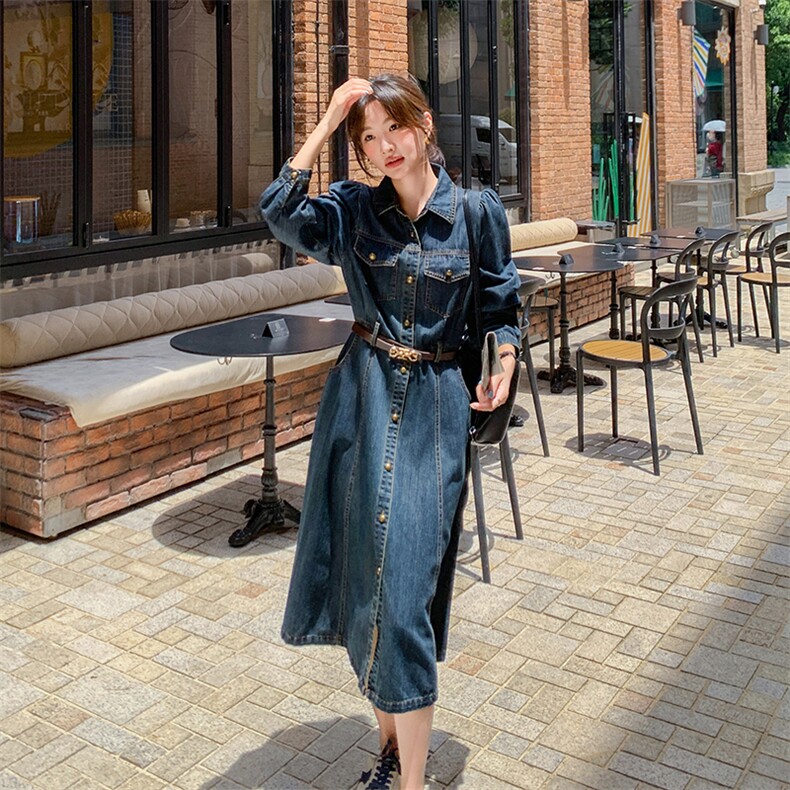 独特超好看长袖牛仔连衣裙女早秋2025新款收腰显瘦气质减龄衬衫裙,女装连衣裙,秋水欣儿