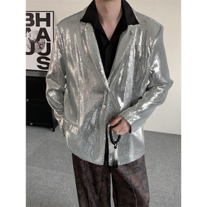 24新款明星同款舞台演出服银色闪闪亮片西装外套男女歌手男礼服,首饰与礼服搭配图片