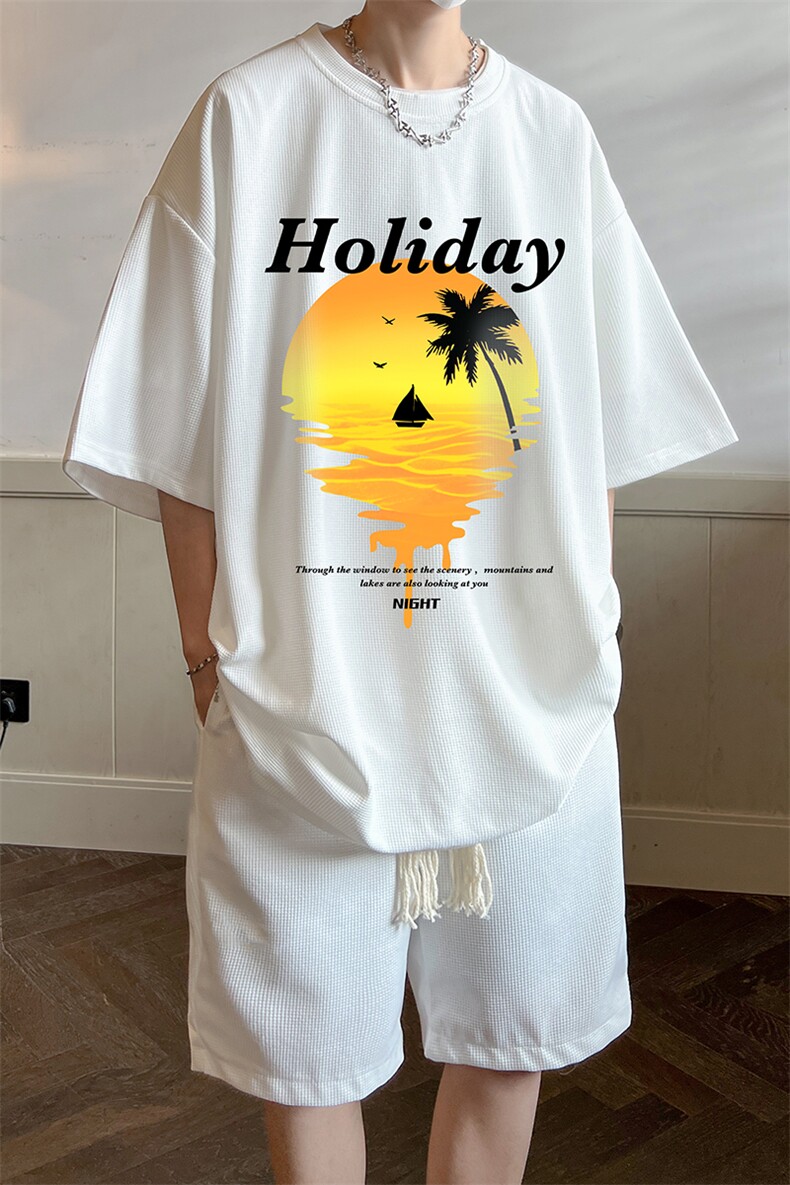华夫格套装运动短袖t恤套装休闲两件套一套HZ84266-P44,男装T恤,电商A040