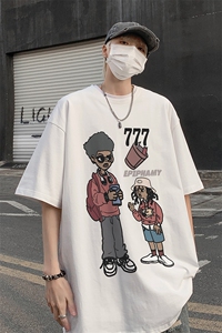 B239-1096-P25 美式卡通人物印花 夏季嘻哈 重磅落肩袖 短袖T恤图片