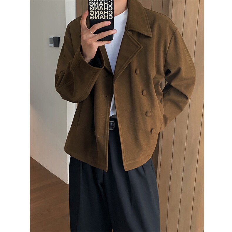 韩版落肩袖双排扣翻领短款毛呢夹克风衣男女外套-F2478-P105，男装夹克，电商B289