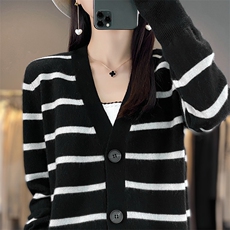 2024秋季新款懒人式香风条纹羊毛开衫休闲百搭，女装羊毛衫，优麦羊绒（原洪叶羊绒）