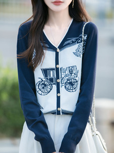 2025年秋季马车刺绣V领女士长袖针织开衫图片