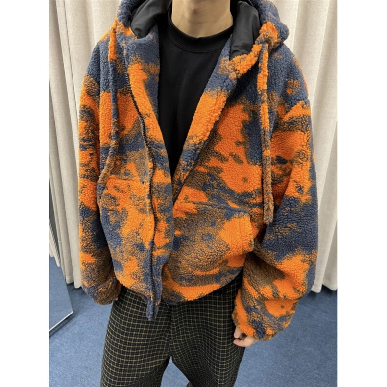 WT109-P110橙色火烧云扎染连帽男羊羔毛保暖厚外套,男装棉衣,星座1501-3