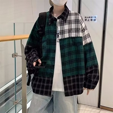 春季港风ins潮牌宽松休闲长袖衬衣拼接撞色格子衬衫男W7254-P38，男装衬衫，星座512-2