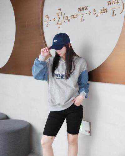 牛仔袖拼接戴帽卫衣，欧韩风走一波，五色齐码！，女装卫衣/绒衫，春信拙源