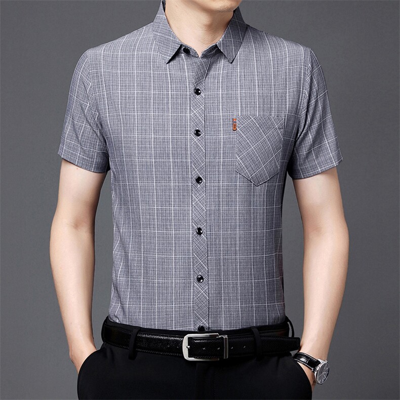 短袖格子衬衫男翻领纯色上衣服夏季中老年男士休闲百搭半袖衬衣图片