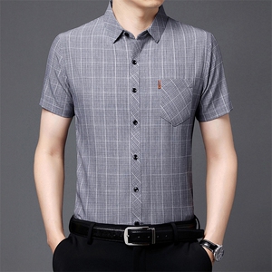 短袖格子衬衫男翻领纯色上衣服夏季中老年男士休闲百搭半袖衬衣图片
