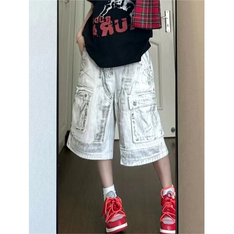 街头白色做旧工装水洗牛仔短裤男女夏款小众多口袋宽松直筒七分裤,男装牛仔裤,星座505-2（原电商A260-1)