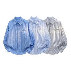 新款学院风男女同款慵懒蓝条纹成宿衬衫外套休闲宽松衬衫打底P40，男装衬衫，电商B319