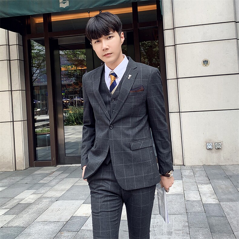 秋冬韩模男英伦西服套装男礼服格子西装三件套A470-TZ15,男装西服套装,电商A207