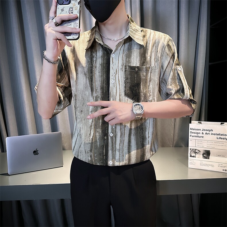 小伙宽松冰丝垂感衬衫男度假风短袖复古花衬衣A236--P50,男装T恤,电商A236
