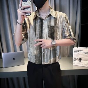 小伙宽松冰丝垂感衬衫男度假风短袖复古花衬衣A236--P50图片