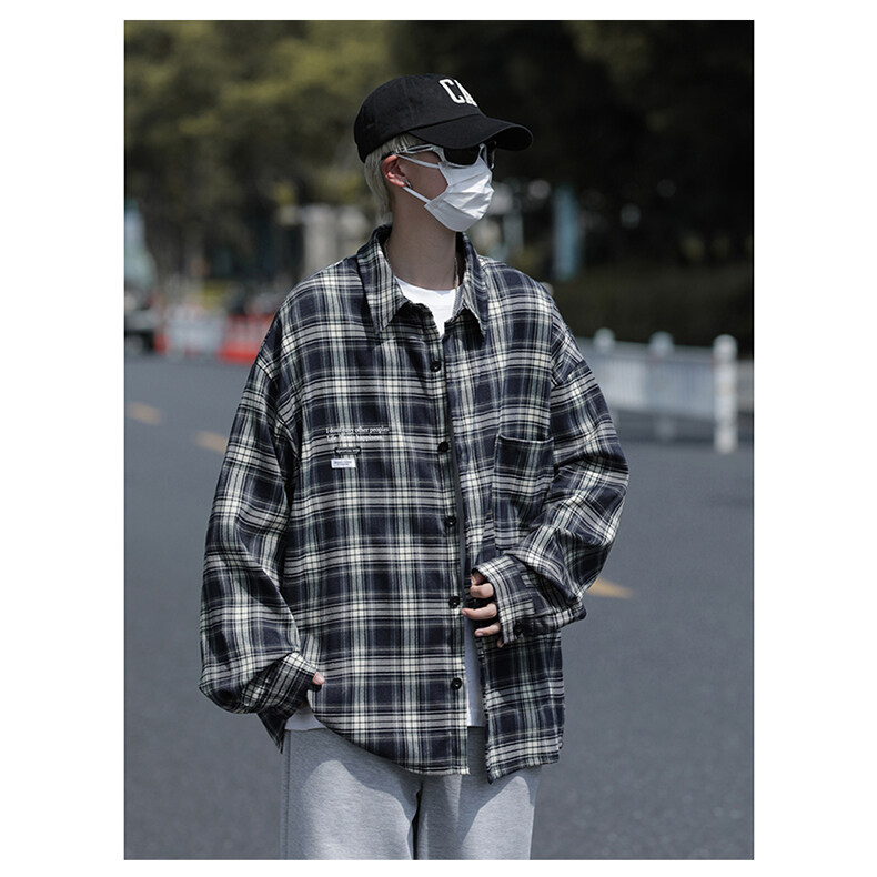 春装复古格子长袖衬衫男宽松休闲衬衣外套C505P45,男装衬衫,电商C323