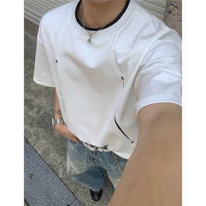 曼巴棉拼接撞色破缝解构铆钉设计感夏季短袖T恤男D424 特P30图片