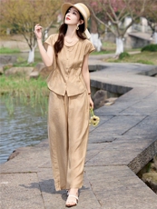 现货2026夏季新款时尚减龄莱赛尔短袖阔腿裤两件套，女装套装/套裙，深水步