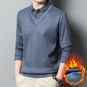 秋冬季商务休闲男士假两件衬衫领加绒加厚保暖中年毛衣针织衫男装图片