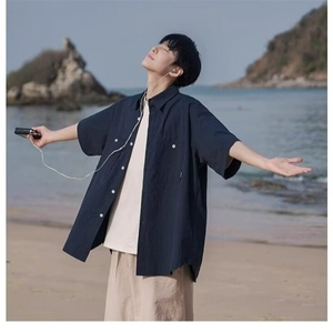 拼接设计清爽简约休闲日系风尖领男士短袖衬衫夏季宽松百搭寸衫潮图片