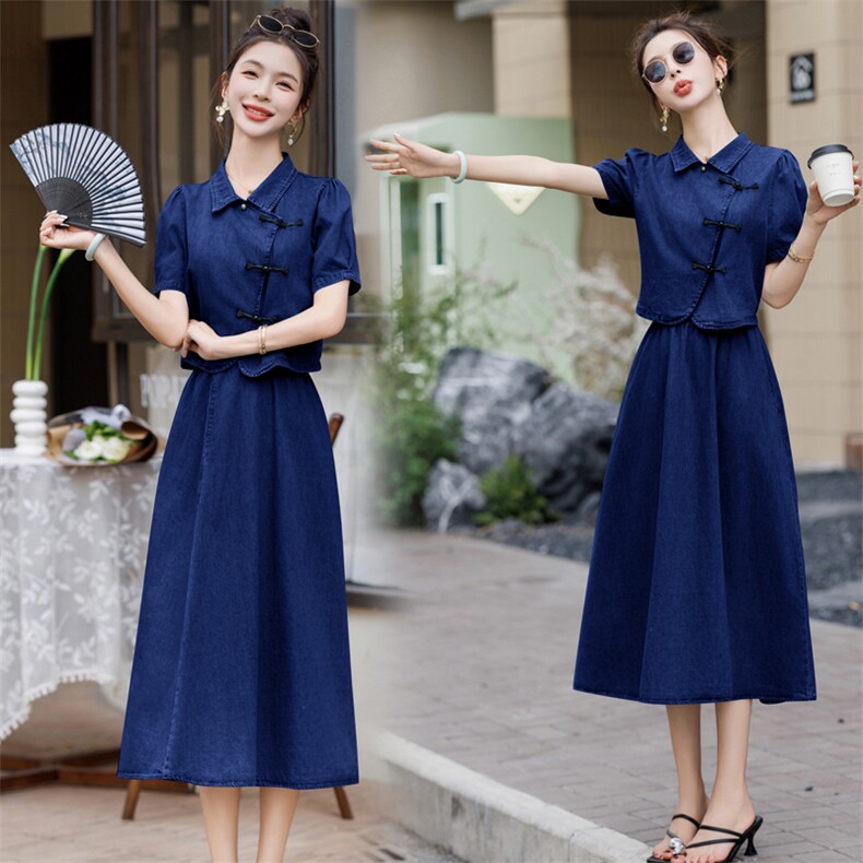 档口现货2024新款女装新中式牛仔连衣裙两件套裙,女装套装/套裙,靓星雨