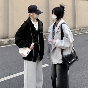 抖音得物品质 26春装美式重磅结构斜拉链高领连帽卫衣开衫外套W61图片
