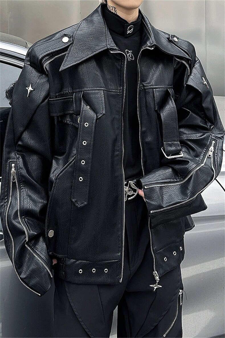美式复古高街白色皮衣外套男春秋款潮牌小众高级感短款机车服夹克,男装夹克,星座505-2（原电商A260-1)