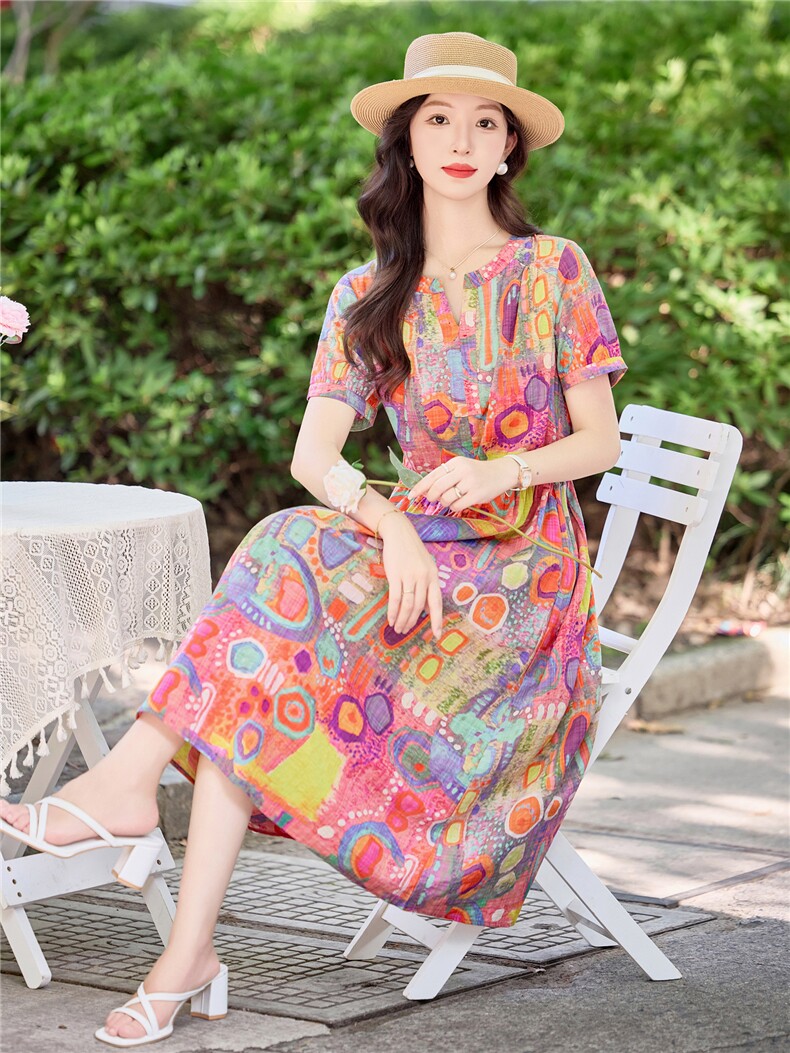 夏日多巴胺甜美印花棉麻连衣裙女2026新款收腰显瘦度假风气质长裙,女装连衣裙,倪叶myz